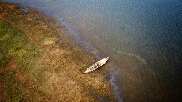 Arial Drone Vue Bateaux Bois Déplaçant Dans Lac Chilika Eau — Photo