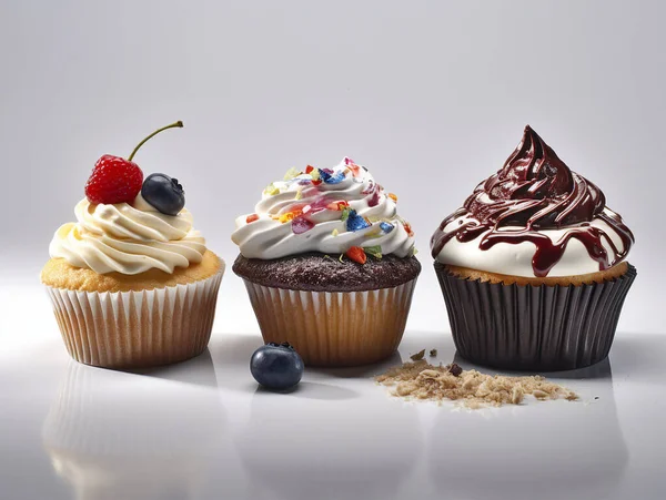 Row of colorful cupcakes on a white background