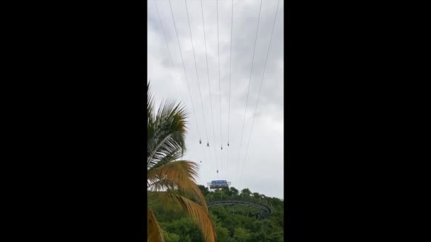 ハイチのラバディーにあるアドレナリンビーチ ドラゴンの火とドラゴンの息のジップラインは カバナ ラウンジャー 傘でビーチを横切っています ラバディー Labadee ロイヤル カリブ海クルーズが提供するプライベートリゾート — ストック動画