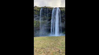 İzlanda 'da Seljalandsfoss şelalesi. Birinci ve çevre yolu boyunca popüler ve güzel bir şelale. Seljalands Nehri suları. Ziyaretçiler şelalenin arkasından mağaraya yürüyebilir.. 