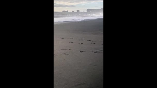 Reynisdrangar Bazaltowe Morze Stosy Reynisfjara Czarny Piasek Plaży Blisko Vik — Wideo stockowe