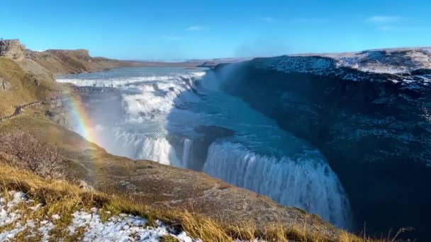 Wodospad Gullfoss Kanionie Rzeki Hvt Południowo Zachodniej Islandii Popularny Upadek — Wideo stockowe