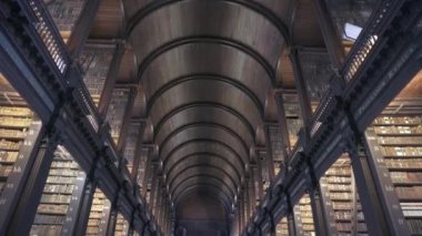 Dublin, İrlanda: Trinity Üniversitesindeki Uzun Oda Eski Kütüphane Yasal depozitosu veya telif hakkı kütüphanesi. Muazzam kitap koleksiyonu, üst galeri, varil tavan.. 