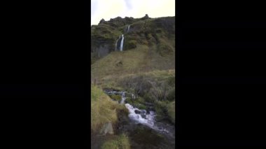 İzlanda 'da Seljalandsfoss şelalesi. Birinci ve çevre yolu boyunca popüler ve güzel bir şelale. Seljalands Nehri suları. Ziyaretçiler şelalenin arkasından mağaraya yürüyebilir.. 