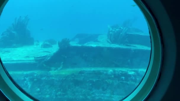 从阿鲁巴亚特兰蒂斯六号潜水艇上的门户观看 加拿大客船连 亚特兰提斯号潜艇沉没时的内部情况 沉船会造成珊瑚礁 — 图库视频影像