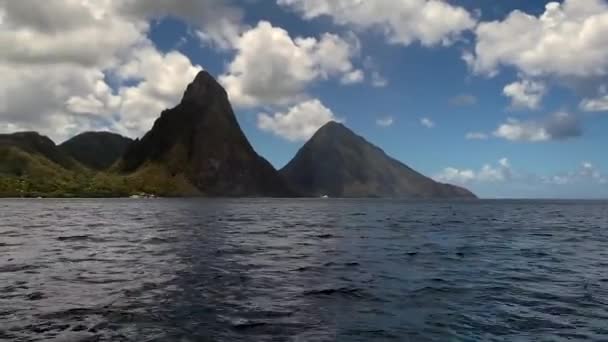 Saint Lucia Pitons Seen Water Pitons Two Mountainous Volcanic Plugs — Stock Video