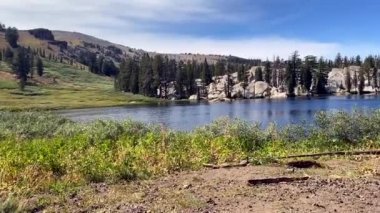 Pacific Crest Trail ve Tahoe Rim Trail 'de Duş Gölü. Kütüğün üzerinde uzanmış dinlenen bir kadın yürüyüşçüye doğru çevir. Sırt çantası kütüğün üzerinde dinleniyor. 