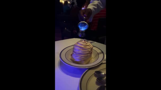 フランブ フラム ベイクアラスカ 英語版 アイスクリームとケーキで構成されたボンベ アラスカのデザートとして知られ 茶色の合併でトッピングされた 燃えるアルコールからの青い炎 — ストック動画