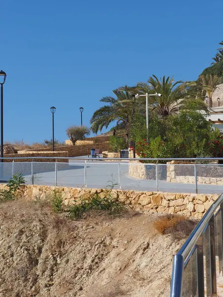 Mavi gökyüzünün altında bankı olan bir parkın dikey görüntüsü. 