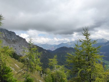 A panoramic view on the Austrian Alps from the Hochkogel peak. Thick clouds above the region. Endless mountain chains. Few pine trees in front, green slopes. Mysterious landscape. Beauty of the nature