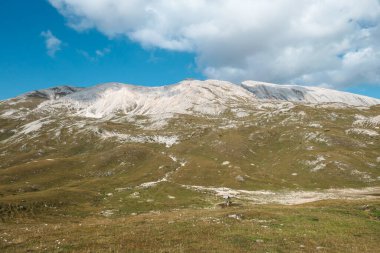 A panoramic view on a Seekofel peak, towering above a high plateau in Italian Dolomites. The area is partially overgrown with grass and partially covered with stones and pebbles. Remote and desolate
