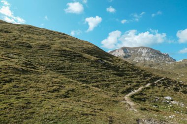 A narrow pathway along a high plateau in Italian Dolomites. Stony landscape, with a bit of green grass. High mountain chains in the back. Desolated and remote landscape. Natural habitat. A few clouds