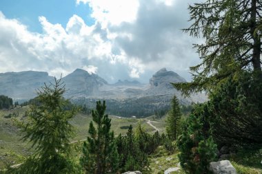 A panoramic view on the valley in high Italian Dolomites. There is a dense forest at the foothill, steep and sharp mountain chain in the back. Gravelled road leading along the valley. Discovering
