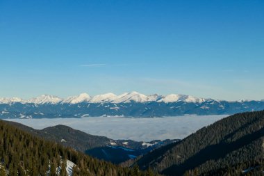 An early, wintery morning in the region of Stubalpe, Austria. A thick fog in the valley below. The distant mountain peaks are covered with powder snow. Dried trees on the slopes. Day break.