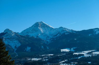 A close up view on a snow capped Alpine chain in Austria. The high mountains are towering above the landscape. There is a small village at the foothill. Sunny day. A tree in the foreground. Peaceful