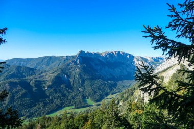 The view on the Alpine valley from the way to Hohe Weichsel in Austria. There is a dense forest on the steep slopes. View on Hochschwab. Clear and bright day. Calmness and peace.