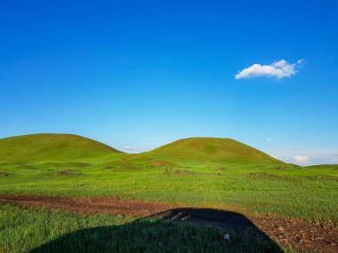 A panoramic view on a hilly landscape of Xilinhot in Inner Mongolia. Endless grassland with a few wind turbines between. Blue sky with thick, white clouds. A small gravel road through the pasture.