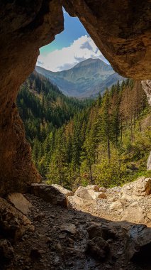 The entrance to the Mylna Cave in Polish Tatra Mountains. There are many mountain ranges in the back. The slopes of the mountains are overgrown with pine trees. Bright day. Outdoor activity