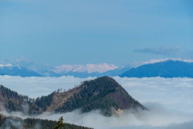 A panoramic view from the top of Alpine peak in Austria. The whole area is shrouded in thick clouds. A few peaks popping out from the clouds. High mountain chains in the back. Carpet from the clouds