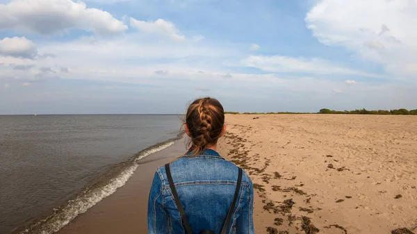 Woman Braided Hair Walking Coastal Line Sandy Beach Baltic Sea — 스톡 사진