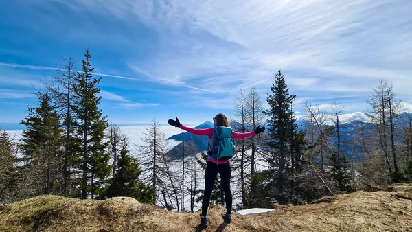 A woman in hiking outfit posing with the view from the top of Alpine peak in Austria. There are high Alpine chains around, partially covered with snow. Dense forest on the slopes. Clear day. Happiness