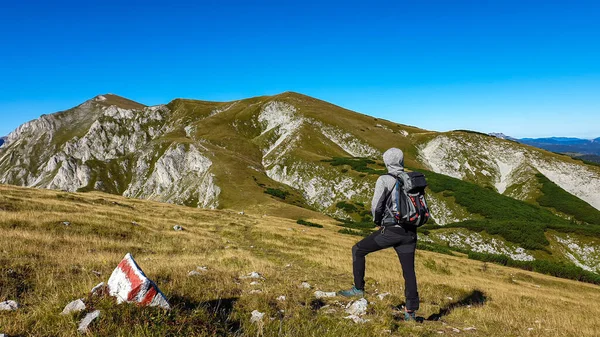 Man Hiking Backpack Enjoying View High Peaks While Hiking Hohe — Stock fotografie