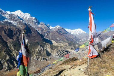 A row of waving flags with mantra 