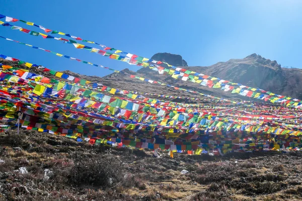 A sea of prayer flags attached to the Himalayan slope, along the way to Muktinath, Nepal. The flags have the \'om mani padme hum\' mantra written on it. Buddhist tradition. Spirituality.