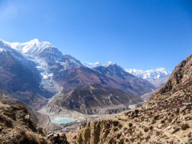 A panoramic view on Manang valley from Praken Gompa, Nepal. High Himalayan ranges around. There is a small lake in the valley. Snow capped peaks of Annapurna Chain. Harsh landscape.