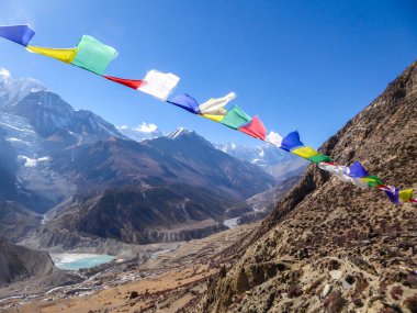 A panoramic view on Manang valley from Praken Gompa, Nepal. High Himalayan ranges. There is a small lake in the valley. Prayer flags waving above snow capped peaks of Annapurna Chain. Harsh landscape