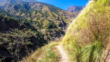 A small pathway along the slopes of Annapurna Circuit Trek in Nepal. Cloudless, blue sky above. Dried grass along the trail. A few high mountain chains in the back. Solitude and calmness