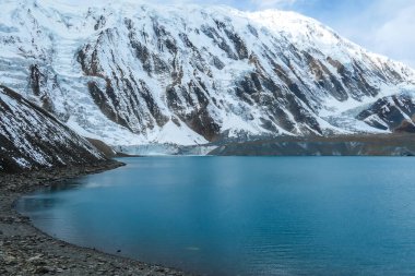 A panoramic view on turquoise colored Tilicho lake in Himalayas, Manang region in Nepal. The world's highest altitude lake (4949m). Snow capped mountains around. Calm surface of the lake. Serenity