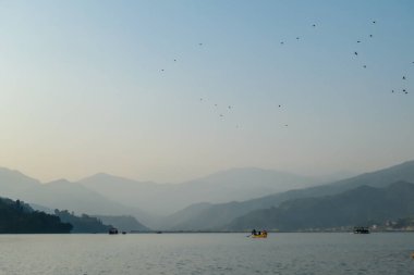 An idyllic view on Phewa Lake in Pokhara, Nepal. There are high Himalayan ranges around the lake. Calm surface of the lake. Clear and sunny day. There is a dence forest at the shore. Golden hour haze