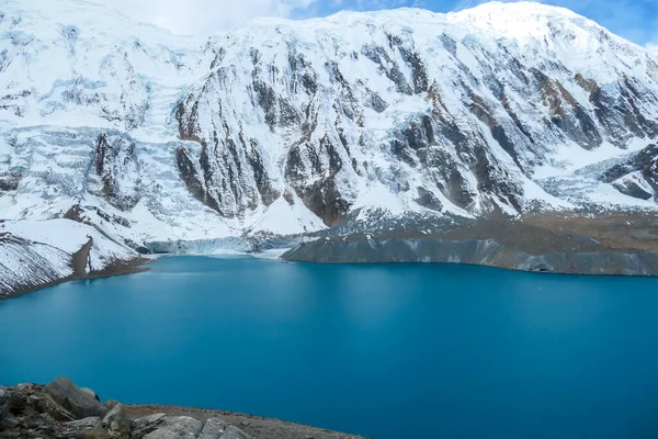 A panoramic view on turquoise colored Tilicho lake in Himalayas, Manang region in Nepal. The world's highest altitude lake (4949m). Snow capped mountains around. Calm surface of the lake. Serenity