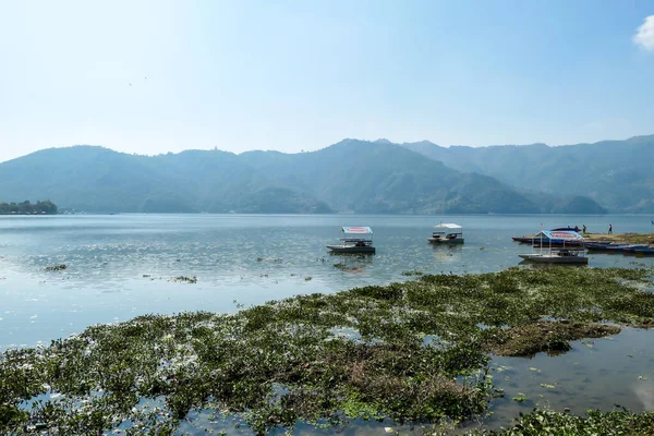 A view on Phewa Lake in Pokhara, Nepal. There are high Himalayan ranges around the lake. Few boats crossing the lake. Calm surface of the lake. Clear and sunny day. Undisturbed peace. Serenity