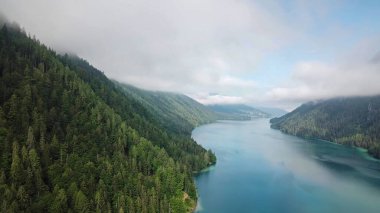 Idyllic, drone capture of Weissensee lake in Austria. The lake is surrounded by high Alps. The forest overgrown the slopes. The water has turquoise color. A bit of overcast. Serenity and peacefulness