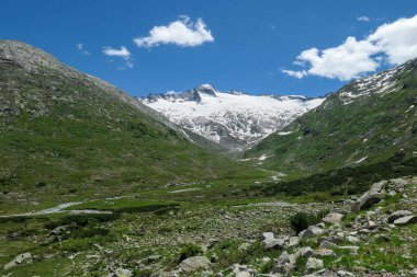 Panoramic view on huge glacier in Maltal region in Austrian Alps. The valley below it flourishing with green and freshness., small torrent in the middle. Summer in the mountains. Serenity and solitude