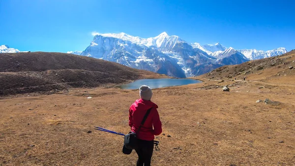 Woman Trekking Ice Lake Annapurna Circuit Trek Himalayas Nepal Surrounded — Stock fotografie