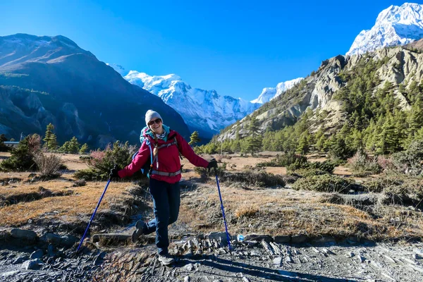 A woman hiking in Manang valley from Humde, Nepal. High Himalayan ranges around. Dense forest on the side of the pathway. Snow capped peaks of Annapurna Chain in the back. Freedom and adventure