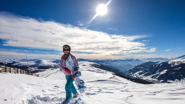 Woman Walking Powder Snow Her Snowboard Top Katschberg Austria Panoramic — Foto de Stock