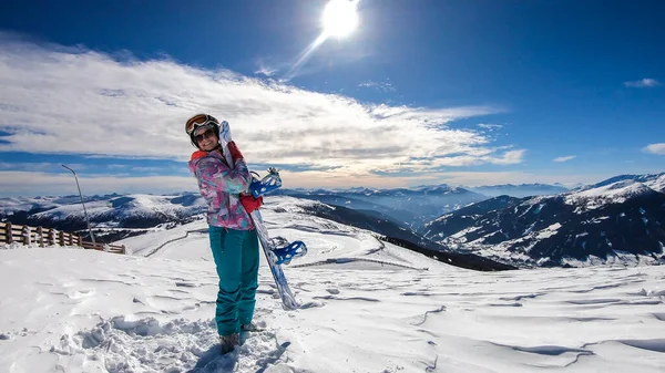 Woman Walking Powder Snow Her Snowboard Top Katschberg Austria Panoramic — Foto de Stock