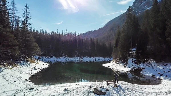 Drone Tiro Homem Andando Redor Costa Green Lake Alpes Austríacos — Fotografia de Stock