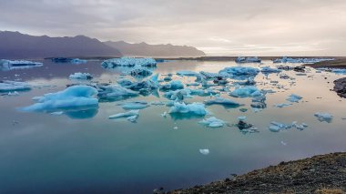 Wast and cold glacier lagoon, with the glacier cap in the back. Huge and massive ice bergs are slowly drifting towards the sea. Global warming causing the glacier's melting. Pebbles on the shore