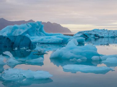Beautiful glacier lagoon. Thousands of icebergs drifting lazily towards the sea, shining in many shades of blue. Soft sunset in the back. Thick clouds above the lagoon. Mountains in the back