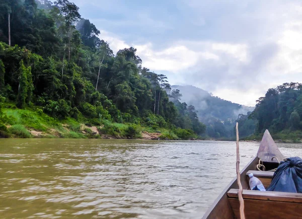 A boat tour in Bako National Park, Malaysian Borneo. A ride through the mangrove jungle. Front of the boat visible to the right. Muddy color of the sea. Taller mountains in the back visible.