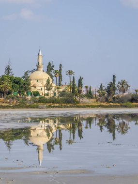 Hala Sultan Tekke seen from a distance. The mosque is surrounded by lush setting - palm trees and smaller bushes. Clear reflection of the mosque in the calm surface of a Larnaca Salt Lake.