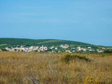 A hilly view of Croatia. The grass in the front is burned by the strong sun, hence its color is gold. The hills in the back are lush green with some buildings between them.