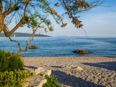 A view on the beach. Beach is covered with small stones. There are bigger rocks sticking out of the water. Some trees and bushes on the side. Sea water is calm and wave-less. Clear and sunny weather.