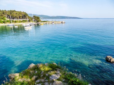 A beautiful view on the coastal line from a little cliff. The water has very deep color. On the sides of the cliff there are coniferous trees. There is a small city on the other side of the shore.