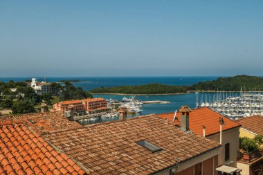 A remote view on the harbour from a hill. Rows of docks waiting for the boats and yachts to anchor there. Lots of houses surrounding the port. In the back there are few islands. Lush green plants